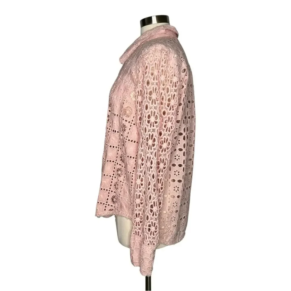 Free People One Yesenia Shacket Top Eyelet Button Down Pink Large